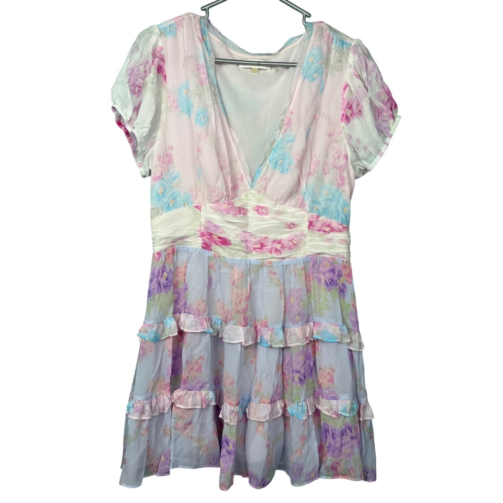 LoveShackFancy Floral Tiered Mini Dress V-Neck Ruffle Pink Blue Purple Size 10